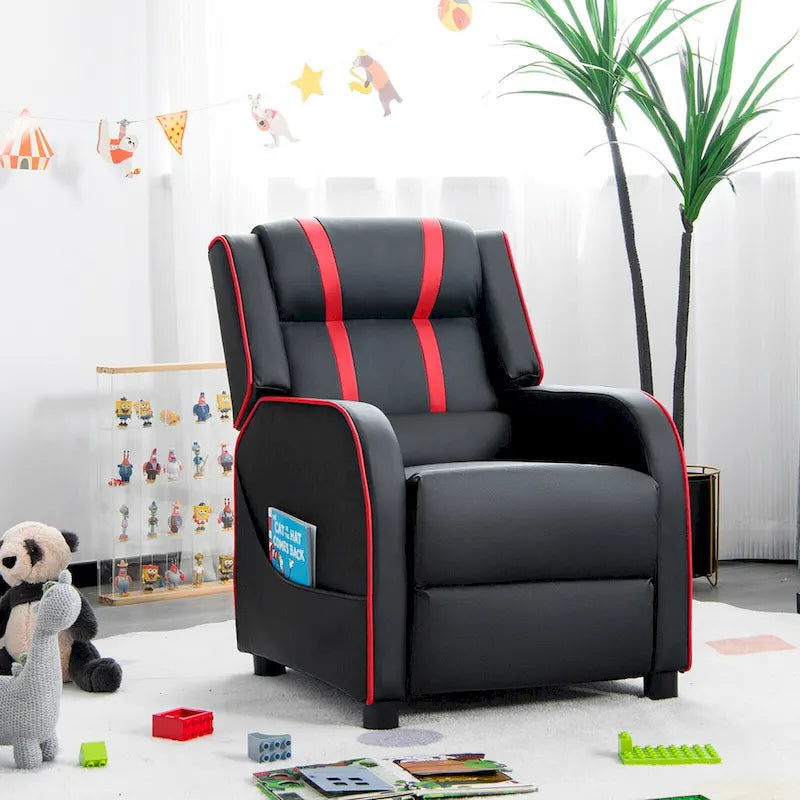 Fauteuil inclinable pour enfants en cuir PU noir+rose / noir+blanc / noir+bleu / noir+rouge avec repose-pieds réglable – 1 place
