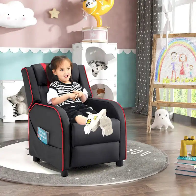 Fauteuil inclinable pour enfants en cuir PU noir+rose / noir+blanc / noir+bleu / noir+rouge avec repose-pieds réglable – 1 place