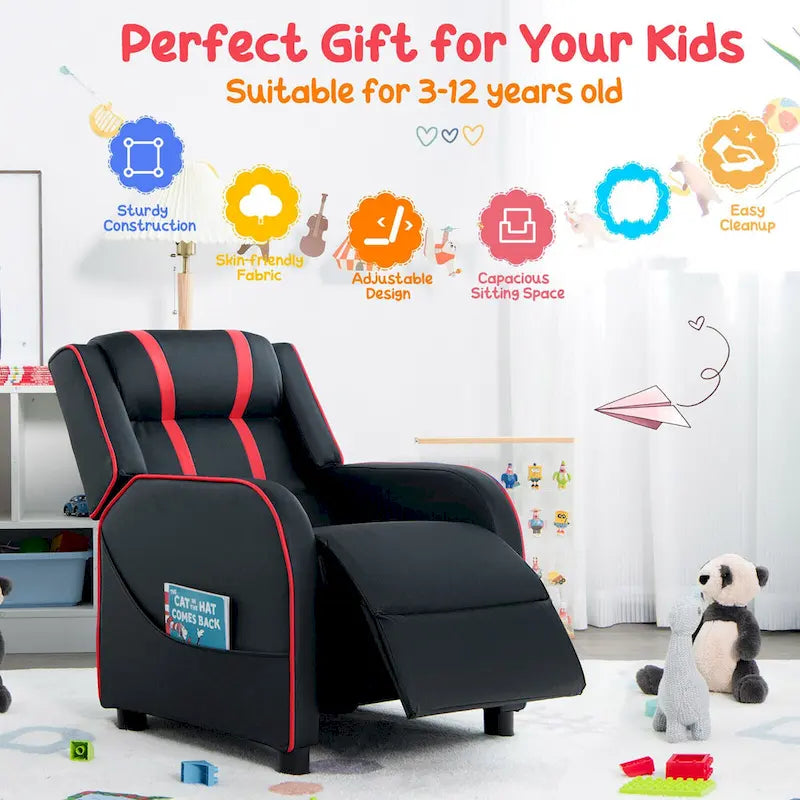 Fauteuil inclinable pour enfants en cuir PU noir+rose / noir+blanc / noir+bleu / noir+rouge avec repose-pieds réglable – 1 place