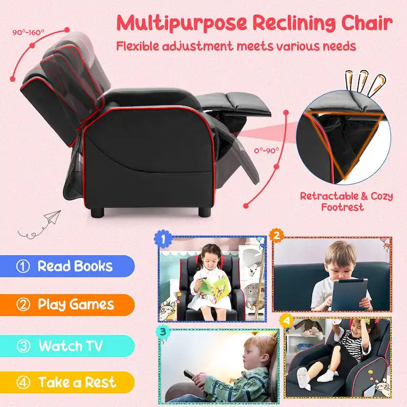 Fauteuil inclinable pour enfants en cuir PU noir+rose / noir+blanc / noir+bleu / noir+rouge avec repose-pieds réglable – 1 place