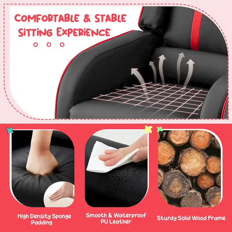 Fauteuil inclinable pour enfants en cuir PU noir+rose / noir+blanc / noir+bleu / noir+rouge avec repose-pieds réglable – 1 place