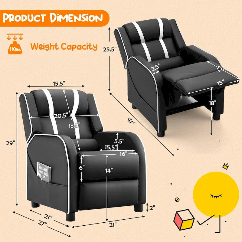 Fauteuil inclinable pour enfants en cuir PU noir+rose / noir+blanc / noir+bleu / noir+rouge avec repose-pieds réglable – 1 place