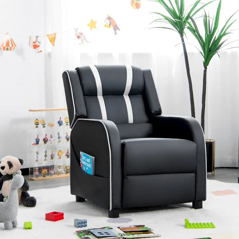 Fauteuil inclinable pour enfants en cuir PU noir+rose / noir+blanc / noir+bleu / noir+rouge avec repose-pieds réglable – 1 place