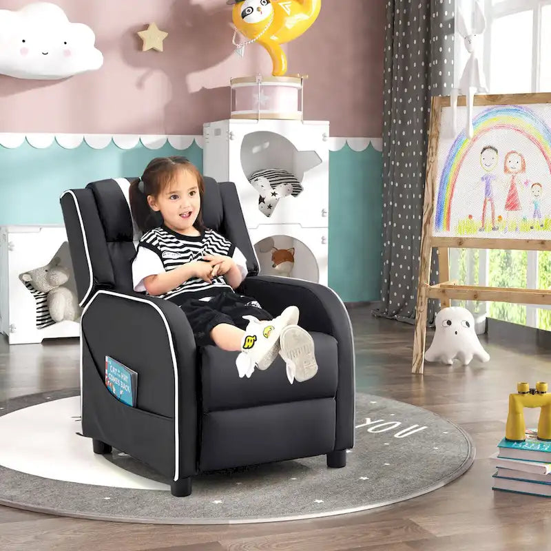 Fauteuil inclinable pour enfants en cuir PU noir+rose / noir+blanc / noir+bleu / noir+rouge avec repose-pieds réglable – 1 place