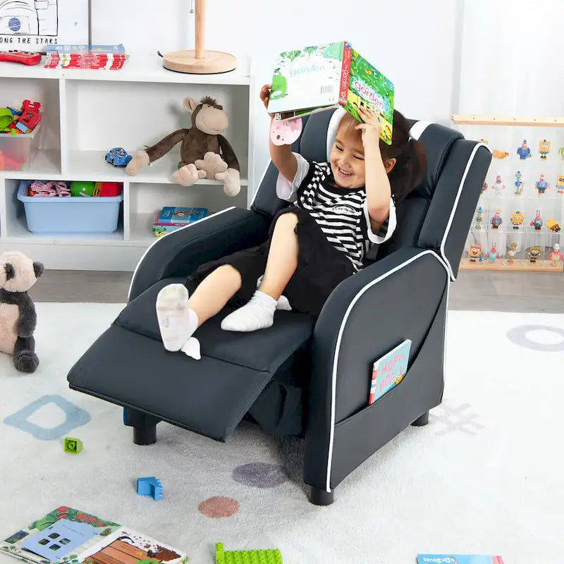 Fauteuil inclinable pour enfants en cuir PU noir+rose / noir+blanc / noir+bleu / noir+rouge avec repose-pieds réglable – 1 place