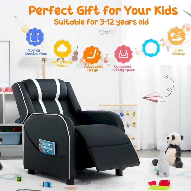 Fauteuil inclinable pour enfants en cuir PU noir+rose / noir+blanc / noir+bleu / noir+rouge avec repose-pieds réglable – 1 place