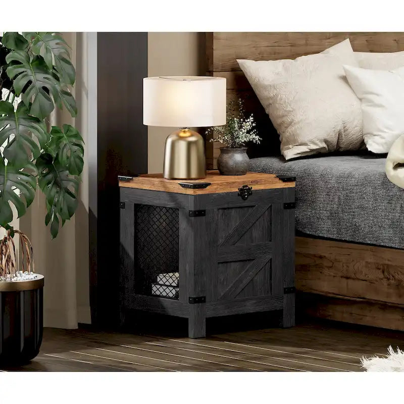 Table d'appoint relevable rétro industrielle grise, blanche et noire avec treillis en fer et coins métalliques