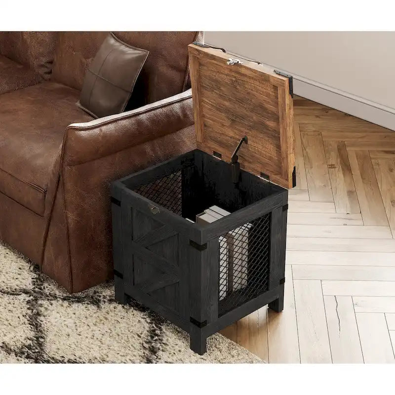 Table d'appoint relevable rétro industrielle grise, blanche et noire avec treillis en fer et coins métalliques