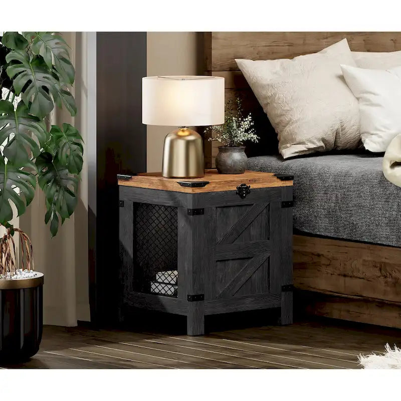 Table d'appoint relevable rétro industrielle grise, blanche et noire avec treillis en fer et coins métalliques