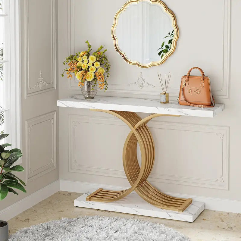 Table console en faux marbre 40 po avec cadre en métal – Blanc / Brun rustique / Noir / Gris – 1 pièce