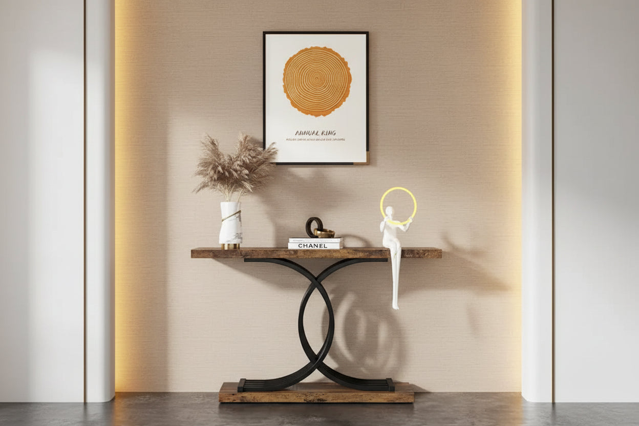 Table console en faux marbre 40 po avec cadre en métal – Blanc / Brun rustique / Noir / Gris – 1 pièce