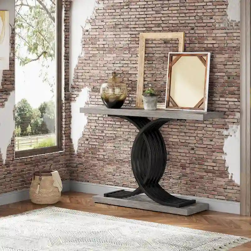 Table console en faux marbre 40 po avec cadre en métal – Blanc / Brun rustique / Noir / Gris – 1 pièce