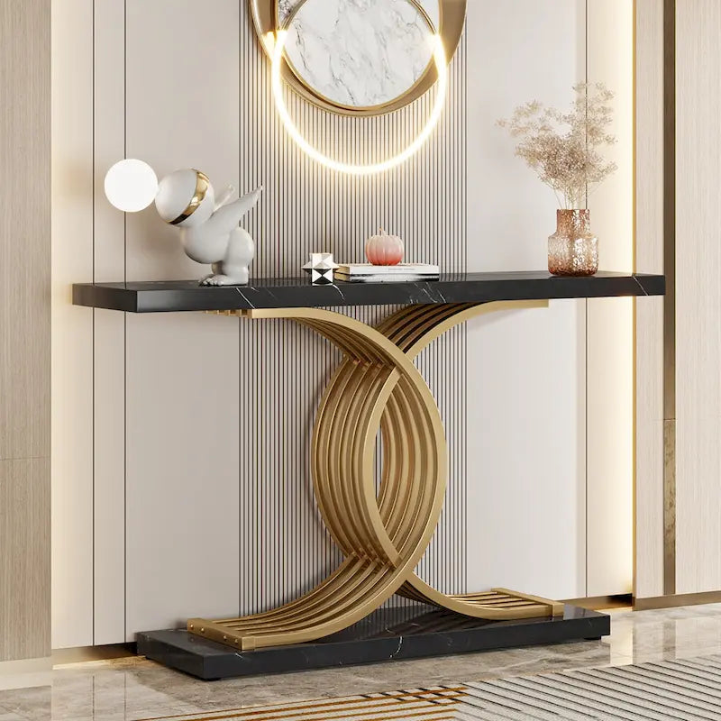 Table console en faux marbre 40 po avec cadre en métal – Blanc / Brun rustique / Noir / Gris – 1 pièce