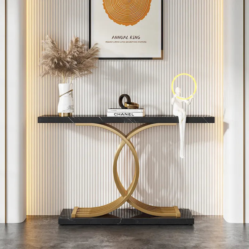 Table console en faux marbre 40 po avec cadre en métal – Blanc / Brun rustique / Noir / Gris – 1 pièce