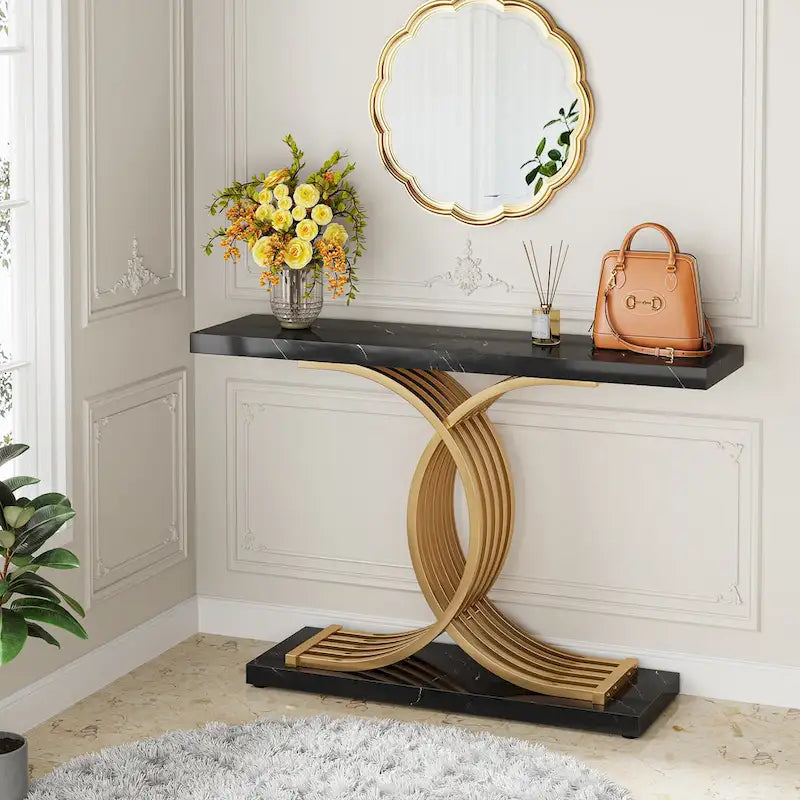 Table console en faux marbre 40 po avec cadre en métal – Blanc / Brun rustique / Noir / Gris – 1 pièce