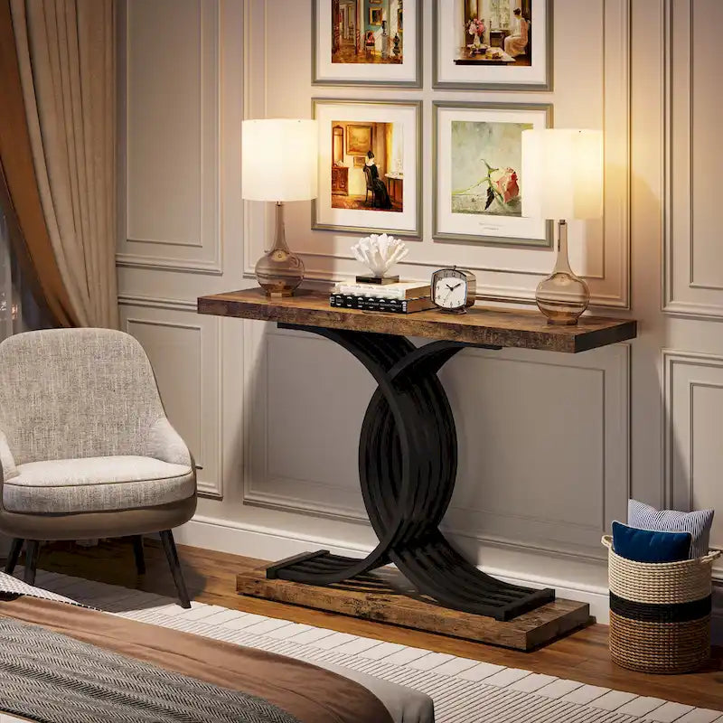 Table console en faux marbre 40 po avec cadre en métal – Blanc / Brun rustique / Noir / Gris – 1 pièce