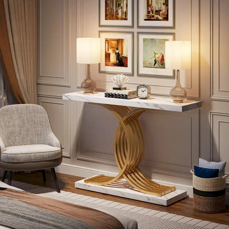 Table console en faux marbre 40 po avec cadre en métal – Blanc / Brun rustique / Noir / Gris – 1 pièce