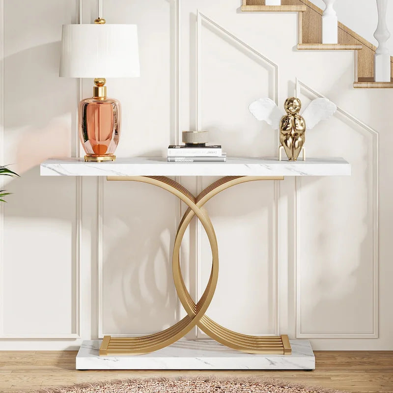 Table console en faux marbre 40 po avec cadre en métal – Blanc / Brun rustique / Noir / Gris – 1 pièce