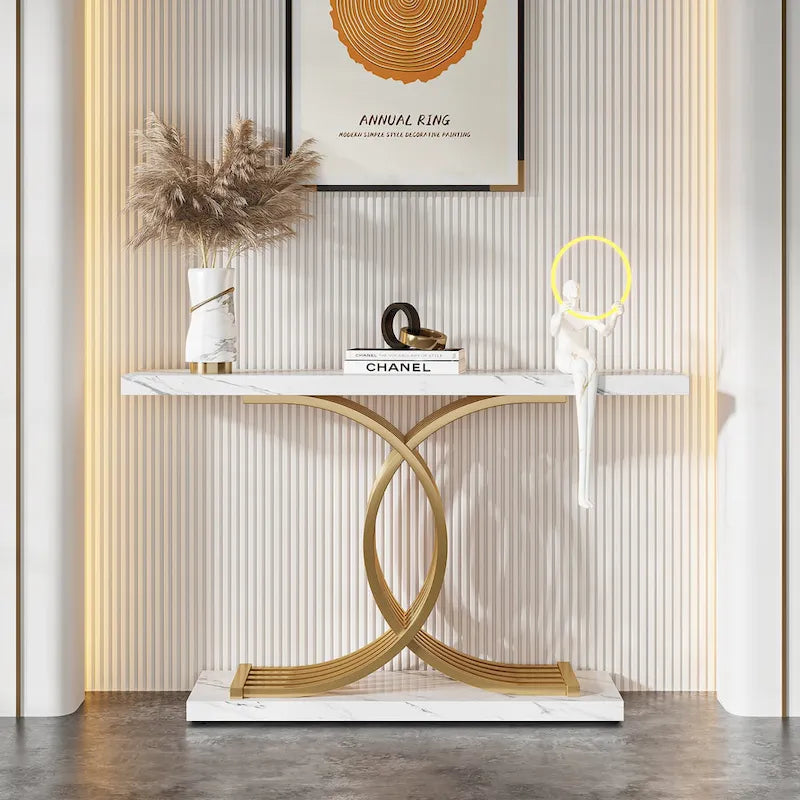 Table console en faux marbre 40 po avec cadre en métal – Blanc / Brun rustique / Noir / Gris – 1 pièce