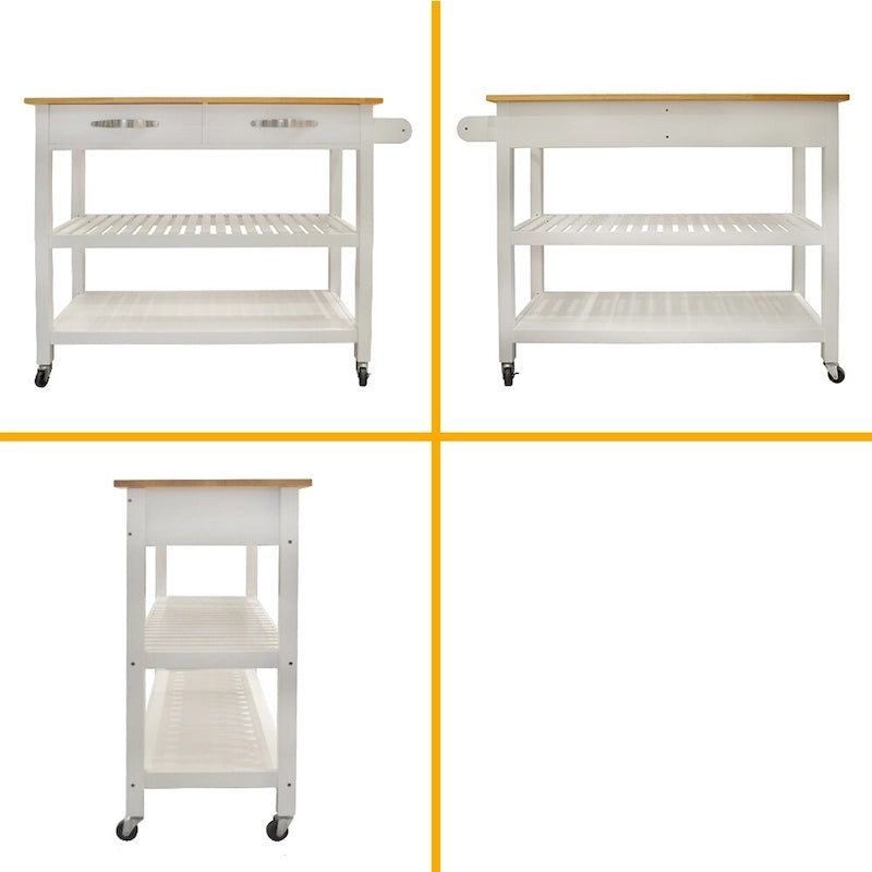 Dessus en bois d'hévéa blanc Chariot de cuisine avec 2 tiroirs, étagères ouvertes, porte-serviettes et 4 roulettes verrouillables