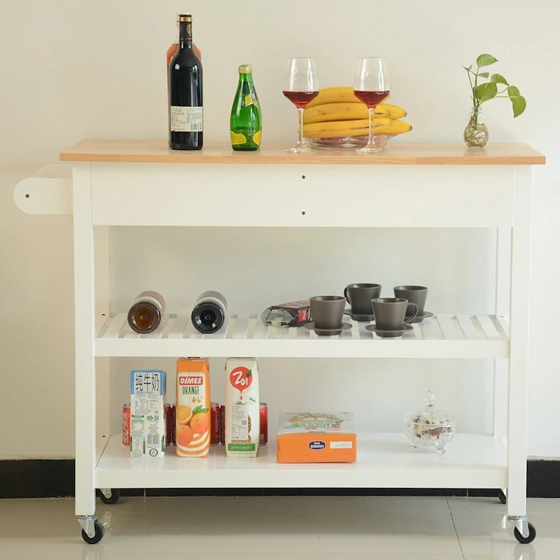 Dessus en bois d'hévéa blanc Chariot de cuisine avec 2 tiroirs, étagères ouvertes, porte-serviettes et 4 roulettes verrouillables