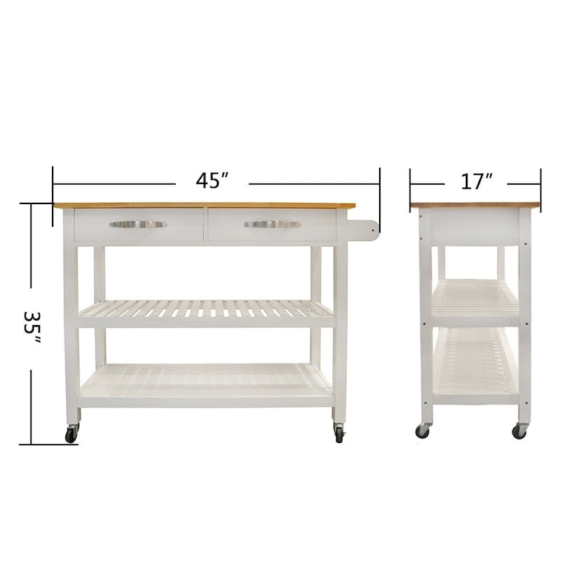 Dessus en bois d'hévéa blanc Chariot de cuisine avec 2 tiroirs, étagères ouvertes, porte-serviettes et 4 roulettes verrouillables