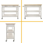 Dessus en bois d'hévéa blanc Chariot de cuisine avec 2 tiroirs, étagères ouvertes, porte-serviettes et 4 roulettes verrouillables
