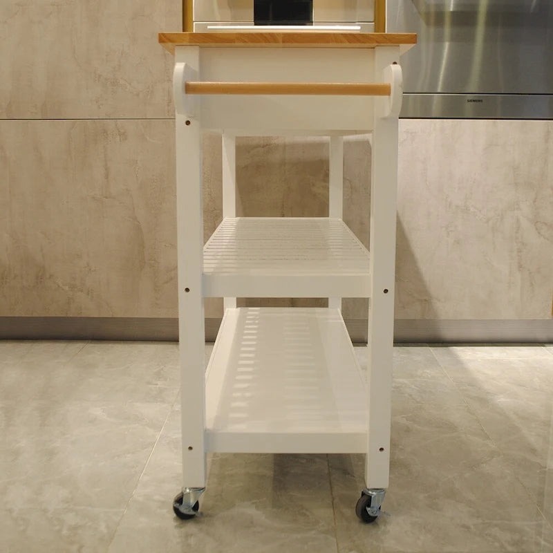 Dessus en bois d'hévéa blanc Chariot de cuisine avec 2 tiroirs, étagères ouvertes, porte-serviettes et 4 roulettes verrouillables