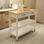 Dessus en bois d'hévéa blanc Chariot de cuisine avec 2 tiroirs, étagères ouvertes, porte-serviettes et 4 roulettes verrouillables