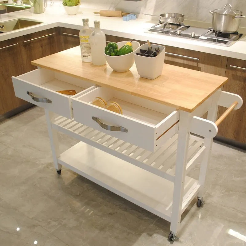 Dessus en bois d'hévéa blanc Chariot de cuisine avec 2 tiroirs, étagères ouvertes, porte-serviettes et 4 roulettes verrouillables