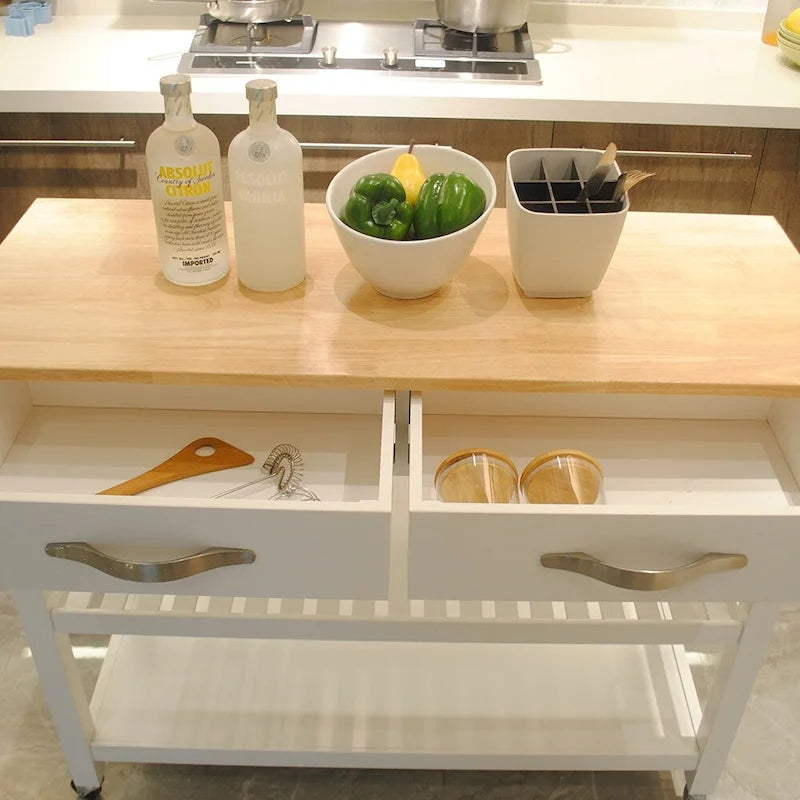 Dessus en bois d'hévéa blanc Chariot de cuisine avec 2 tiroirs, étagères ouvertes, porte-serviettes et 4 roulettes verrouillables