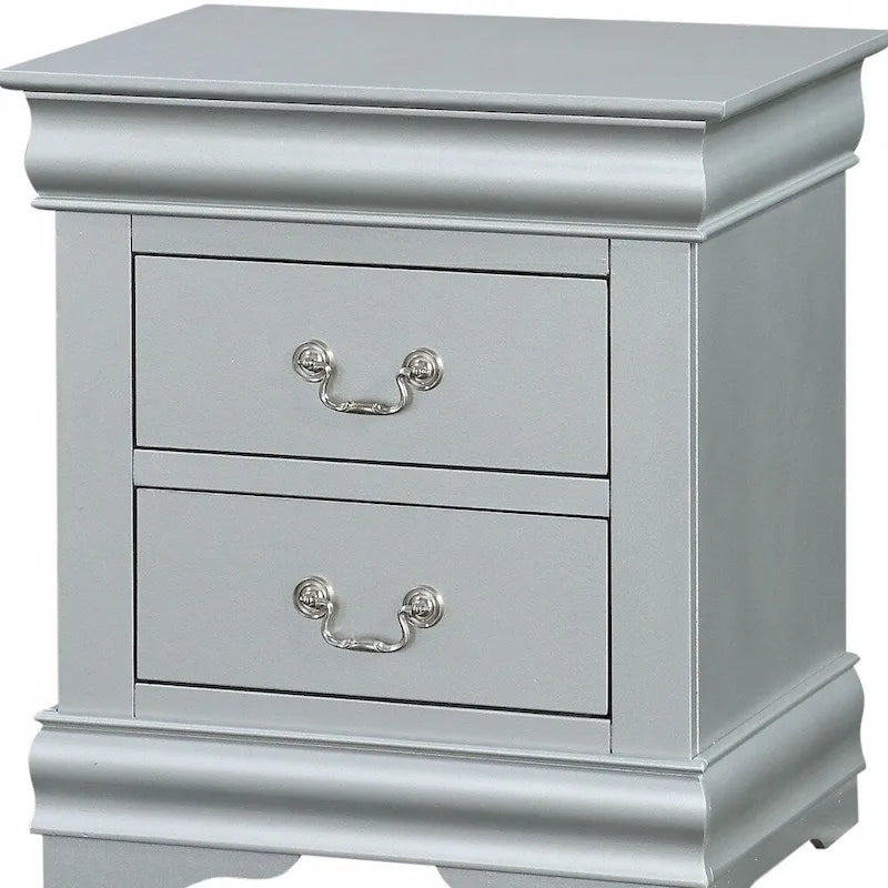 Table de chevet à 2 tiroirs en platine/bois gris avec poignées et pieds en métal
