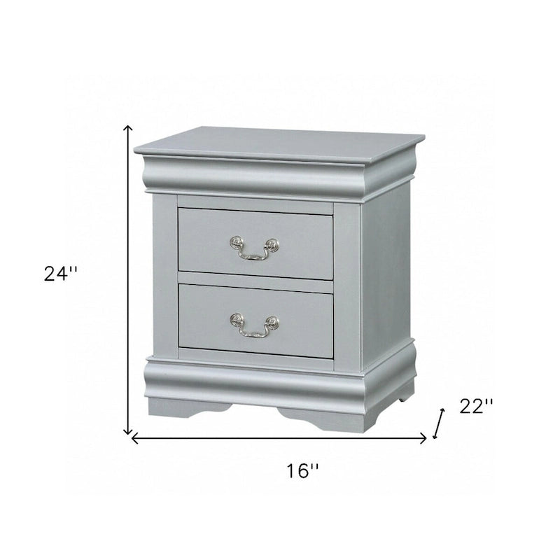 Table de chevet à 2 tiroirs en platine/bois gris avec poignées et pieds en métal