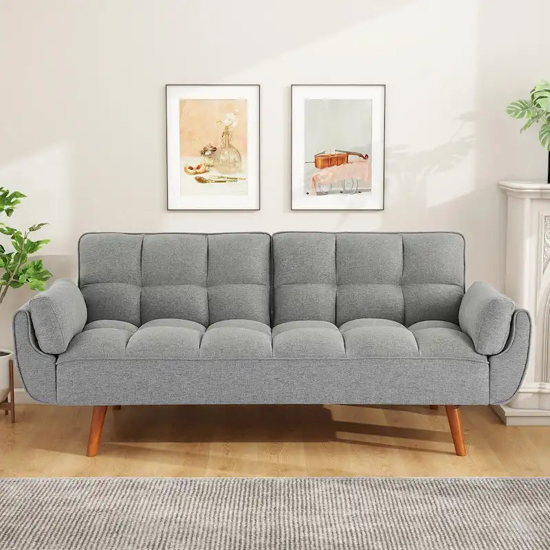 Canapé-lit futon en lin multicolore avec dossier capitonné divisé et dossier réglable – 2 places