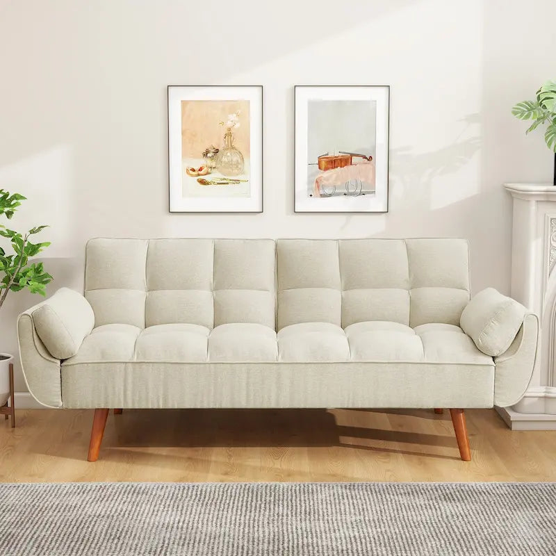 Canapé-lit futon en lin multicolore avec dossier capitonné divisé et dossier réglable – 2 places