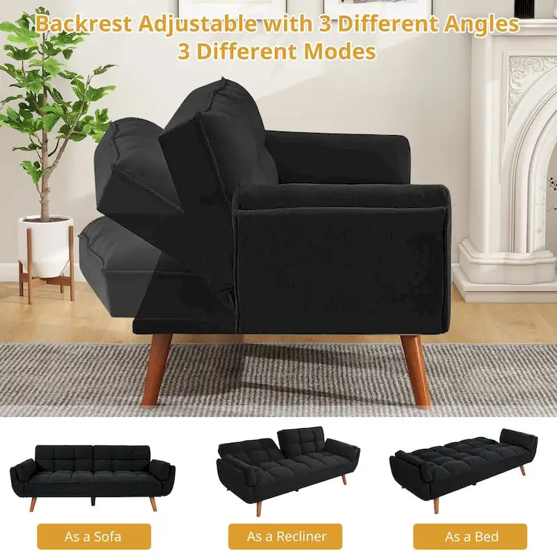 Canapé-lit futon en lin multicolore avec dossier capitonné divisé et dossier réglable – 2 places