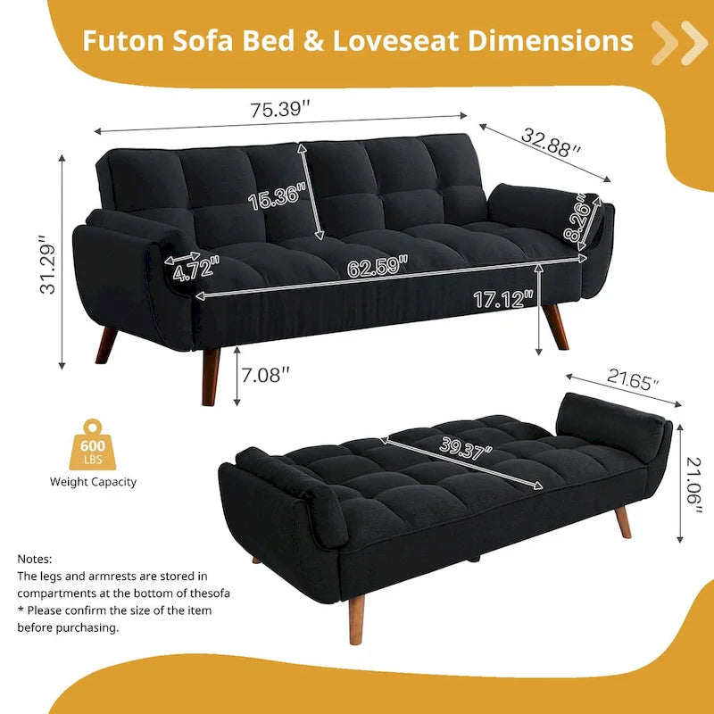 Canapé-lit futon en lin multicolore avec dossier capitonné divisé et dossier réglable – 2 places