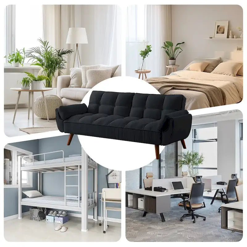 Canapé-lit futon en lin multicolore avec dossier capitonné divisé et dossier réglable – 2 places
