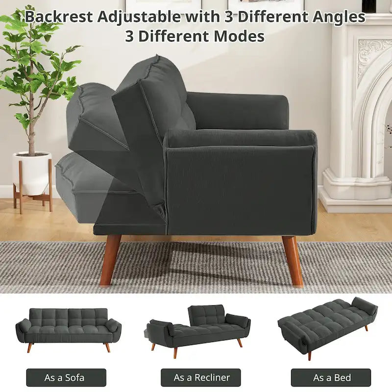 Canapé-lit futon en lin multicolore avec dossier capitonné divisé et dossier réglable – 2 places