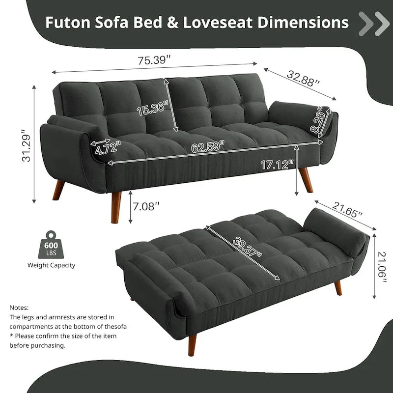 Canapé-lit futon en lin multicolore avec dossier capitonné divisé et dossier réglable – 2 places