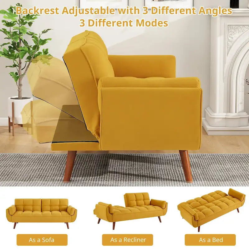 Canapé-lit futon en lin multicolore avec dossier capitonné divisé et dossier réglable – 2 places