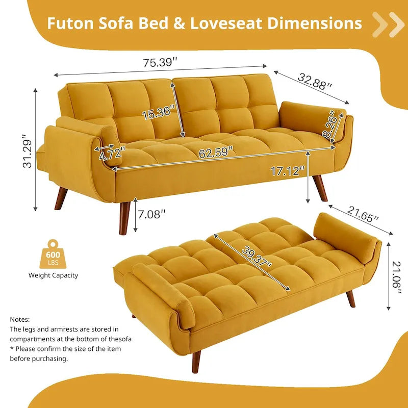 Canapé-lit futon en lin multicolore avec dossier capitonné divisé et dossier réglable – 2 places