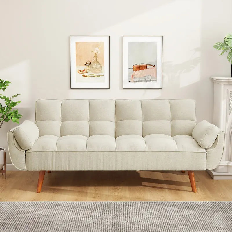 Canapé-lit futon en lin multicolore avec dossier capitonné divisé et dossier réglable – 2 places