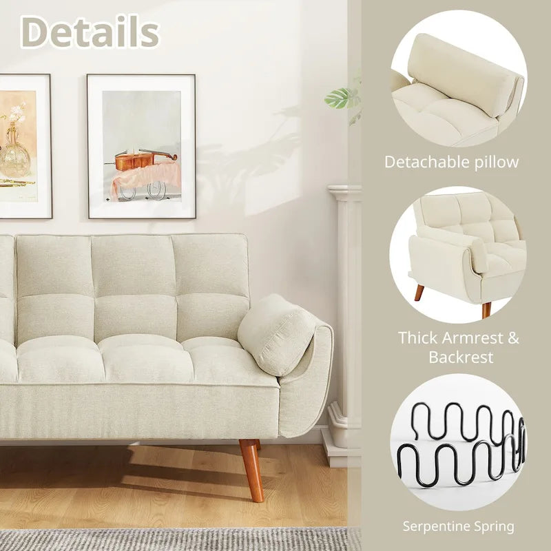 Canapé-lit futon en lin multicolore avec dossier capitonné divisé et dossier réglable – 2 places