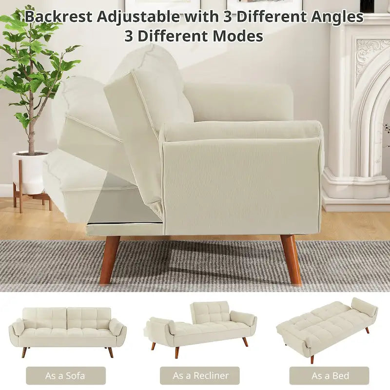 Canapé-lit futon en lin multicolore avec dossier capitonné divisé et dossier réglable – 2 places