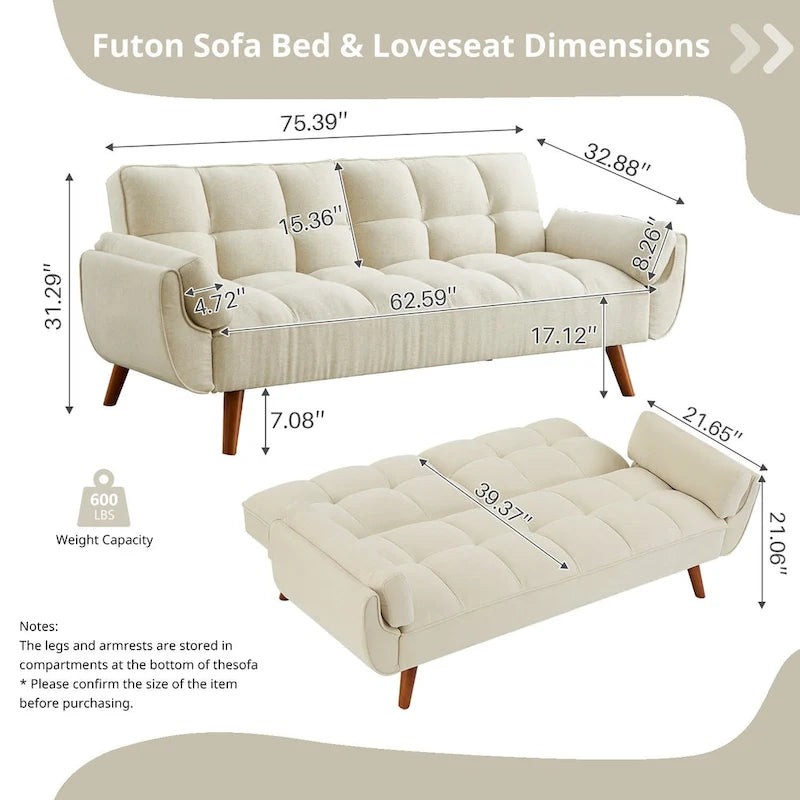 Canapé-lit futon en lin multicolore avec dossier capitonné divisé et dossier réglable – 2 places