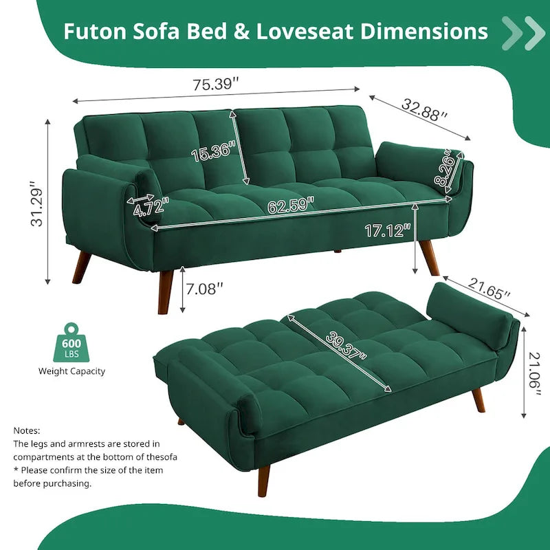 Canapé-lit futon en lin multicolore avec dossier capitonné divisé et dossier réglable – 2 places