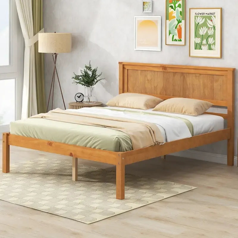 Lit plateforme en bois de pin chêne/expresso avec tête de lit et lattes – Grand lit double/grand lit, 2 personnes
