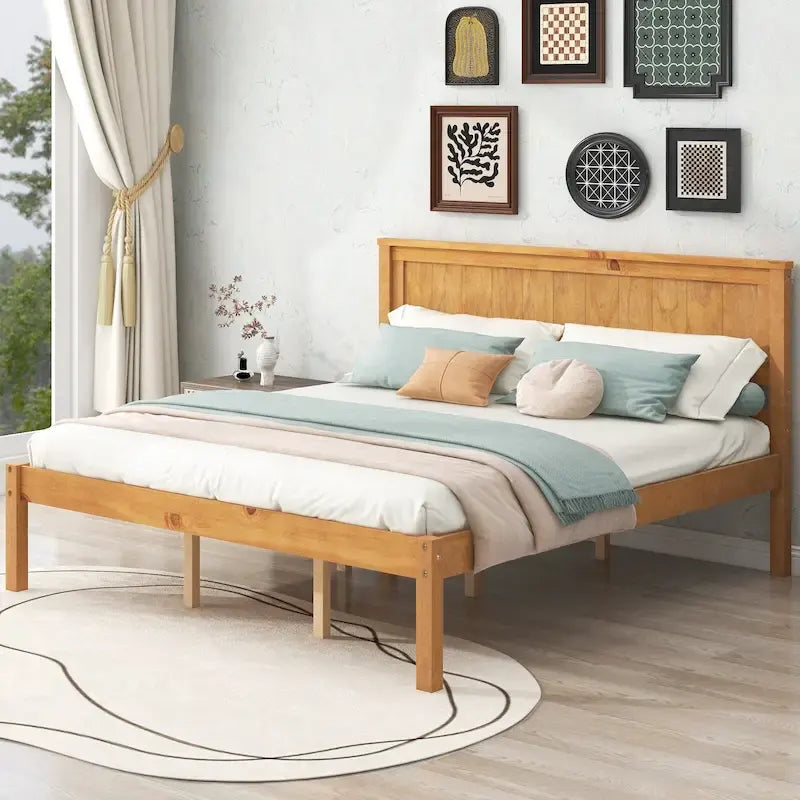 Lit plateforme en bois de pin chêne/expresso avec tête de lit et lattes – Grand lit double/grand lit, 2 personnes