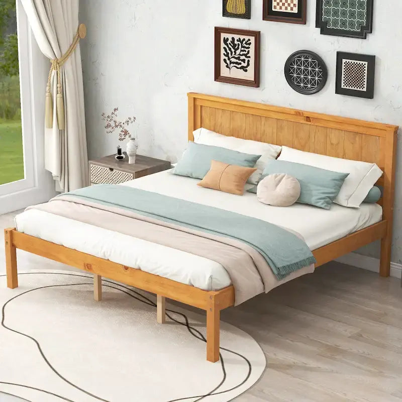 Lit plateforme en bois de pin chêne/expresso avec tête de lit et lattes – Grand lit double/grand lit, 2 personnes